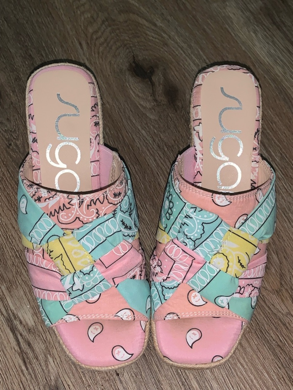 SUGAR Pastel Bandana Print Espadrille Platform Slides - Size 6 - Picture 2 of 9
